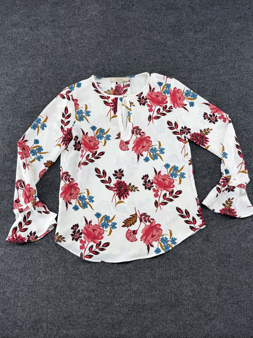 LOFT Blouse Womens XS Multicolor Floral Bell Sleeve Ruffle Cuff Keyhole Top